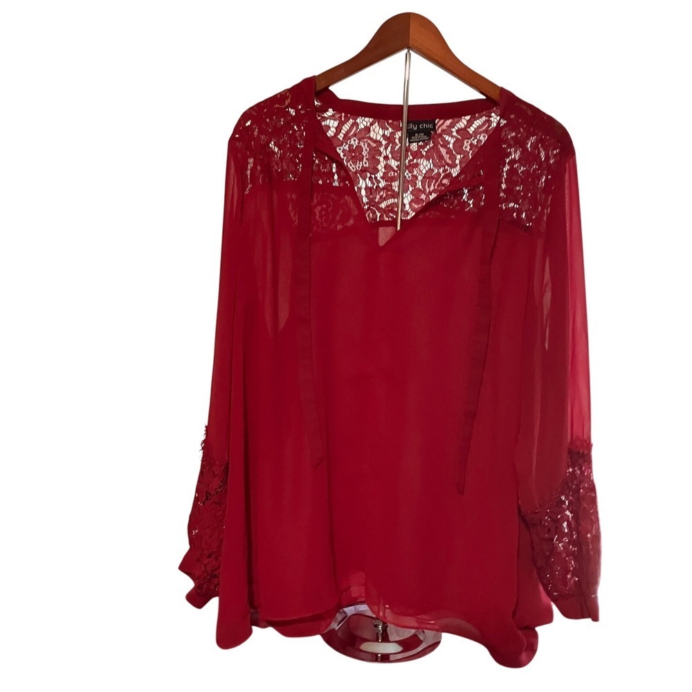 City Chic XL Lace Trim Long Sleeve Blouse Red Semi-Sheer Button Cuff
